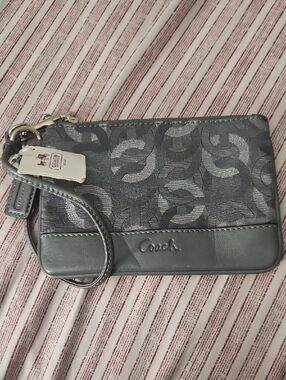 Coach Metallic Silver Signature Wristlet with Leather Trim New